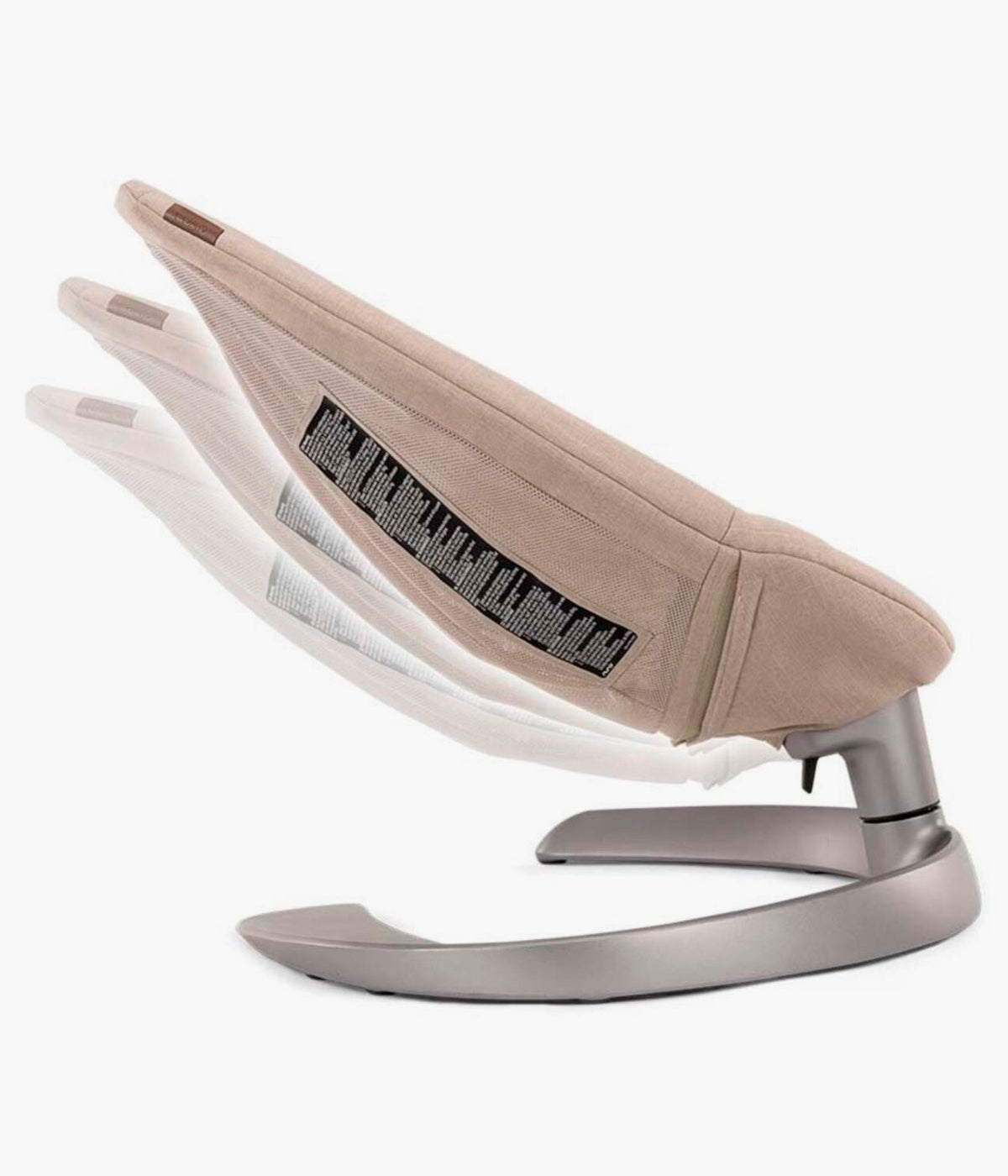 Vista lateral da espreguiçadeira Evolutiva Leaf Grow da marca Nuna na cor Biscotti. Desde recém-nascido, proporciona um movimento lateral suave e silencioso, inspirado no balanço natural de uma folha, sem motores, pilhas ou cabos.