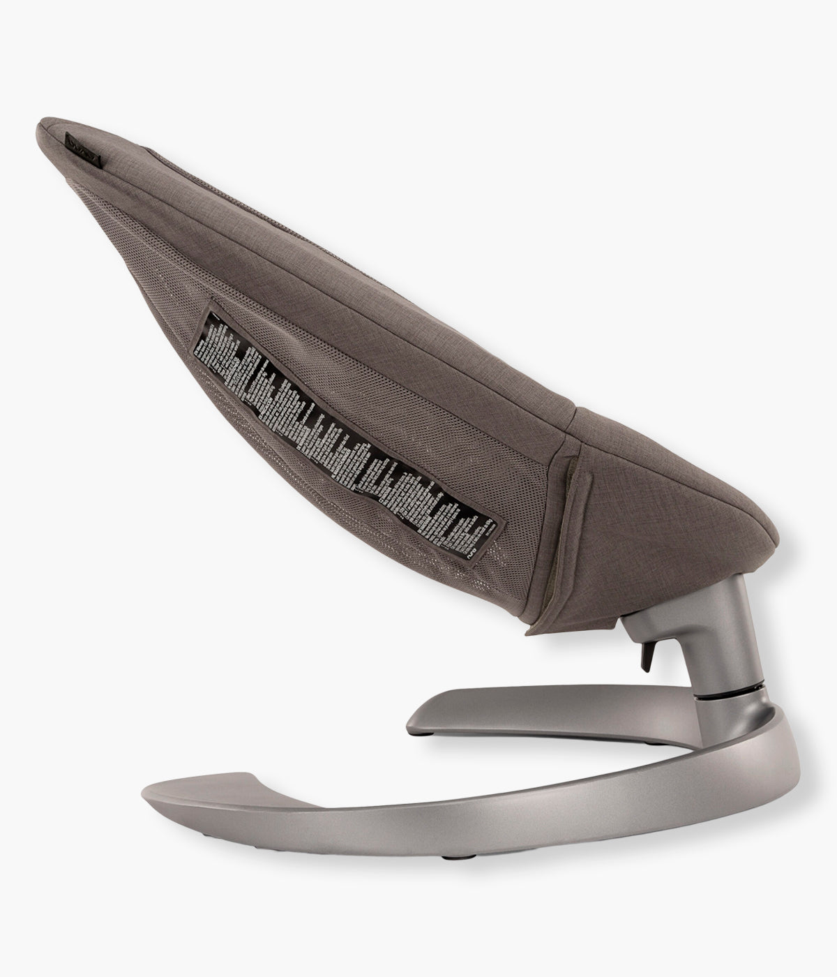 Vista lateral da espreguiçadeira Evolutiva Leaf Grow da marca Nuna na cor Granite. Desde recém-nascido, proporciona um movimento lateral suave e silencioso, inspirado no balanço natural de uma folha, sem motores, pilhas ou cabos.