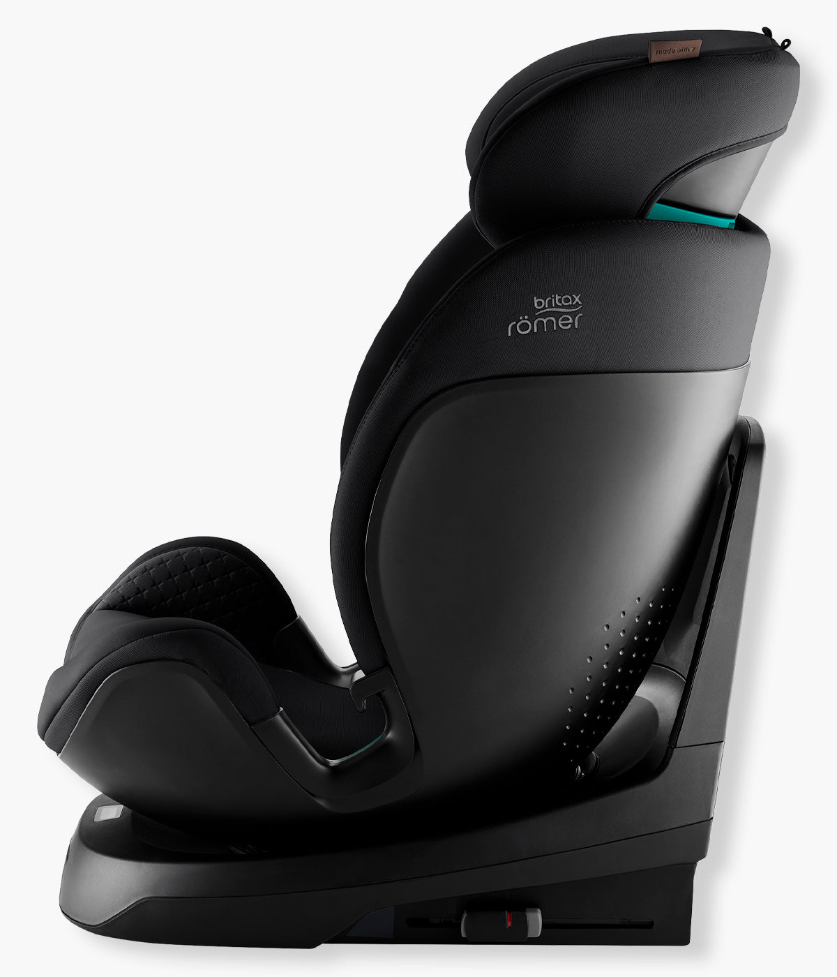 Vista lateral da cadeira auto evolutiva Swivel-Grow Max Air Lux da Britax Römer na cor Onyx Back. Premium cadeira auto desenvolvida para acompanhar a criança desde o nascimento até aproximadamente aos 7 anos, dos 40 aos 125 cm. 