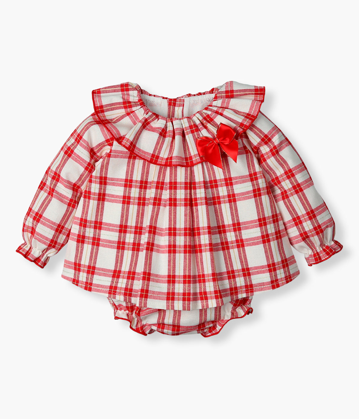 Vista frontal do vestido em algodão da Mac Ilusión para bebé menina e recém-nascida. Elegante vestido branco com padrão xadrez em tons de vermelho. Gola folho com laço gorgurão vermelho. Forro no interior. Tapa fraldas a combinar.