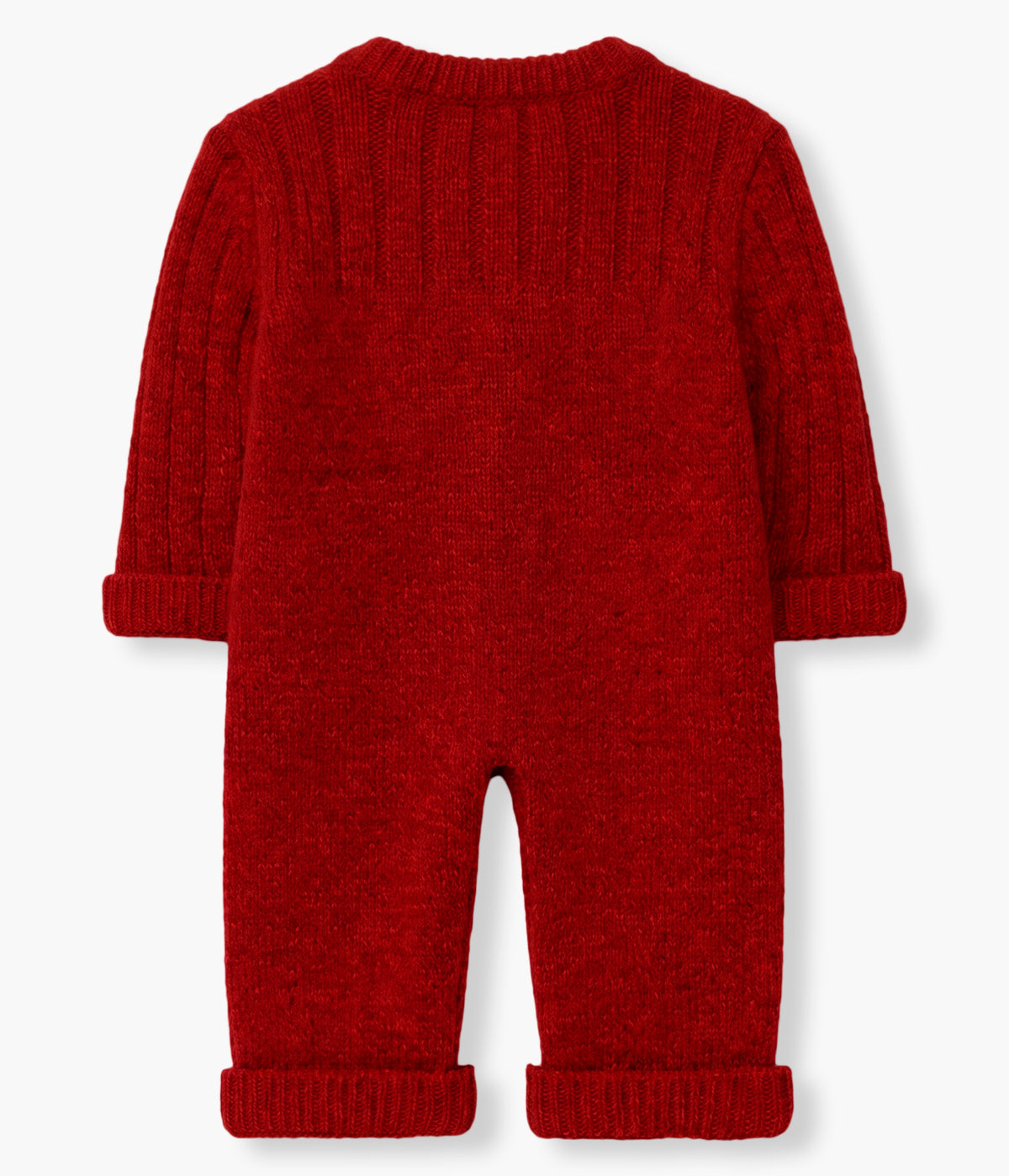 Vista costas do babygrow tricotado em lã merino extrafina vermelho-escuro da Wedoble para bebé e recém-nascido(a). Quentinho babygrow sem pés com dois bolsos decorativos e detalhes na malha. Abertura no peito e entrepernas.