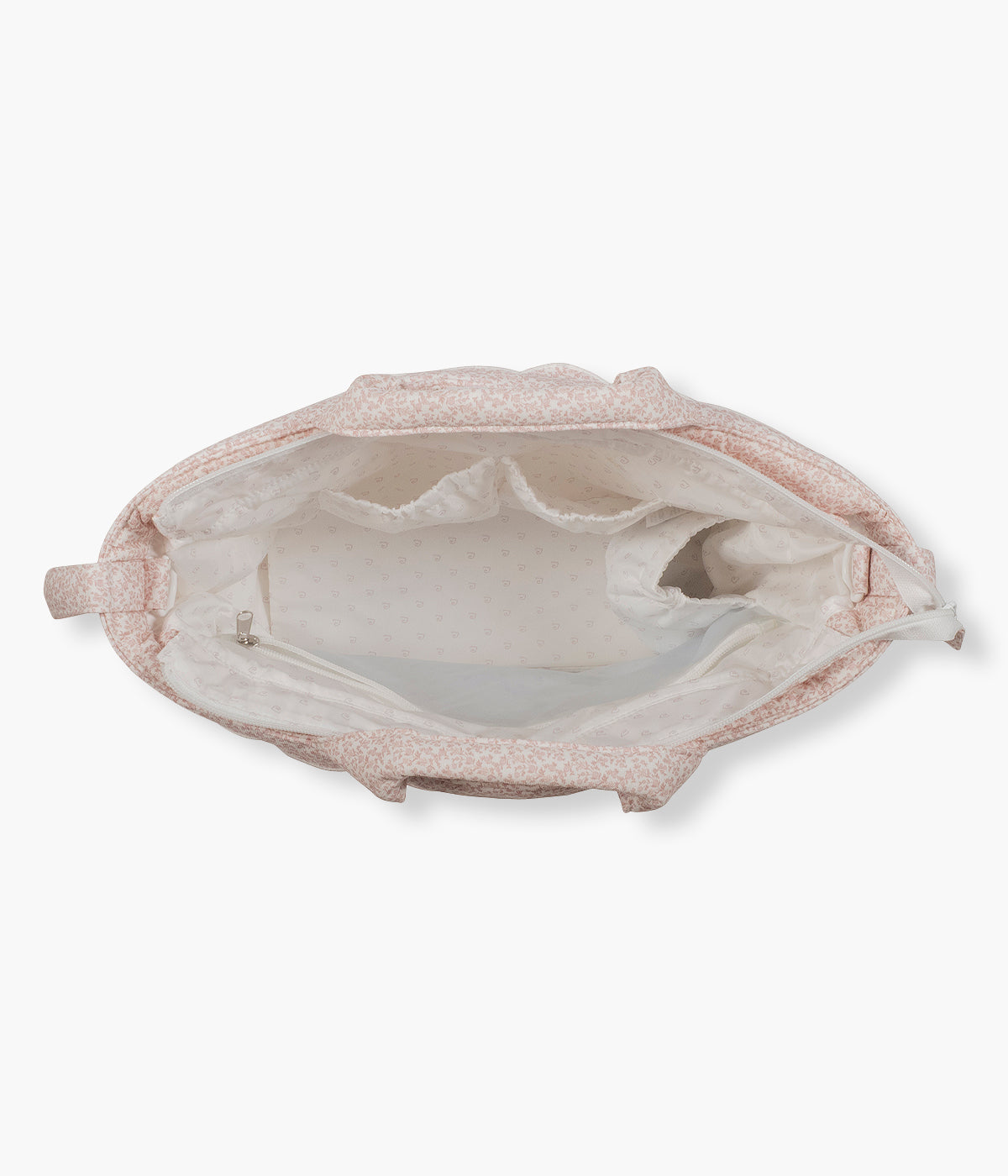 Vista interior da mala de maternidade Maison Tender Flowers da Pasito a Pasito. Delicada bolsa que combina o delicado padrão floral com toda a funcionalidade necessária para os passeios com a bebé.