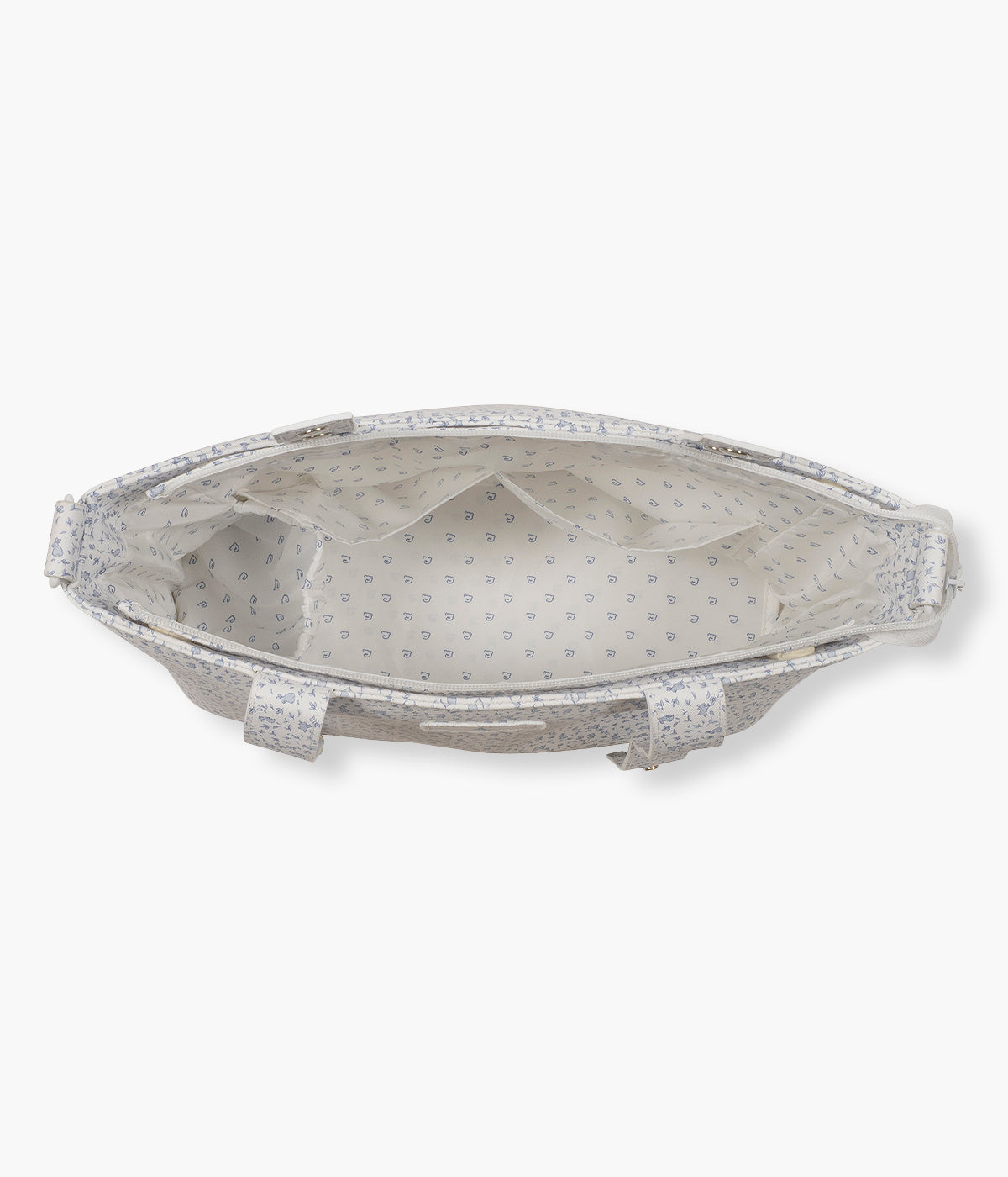Vista do interior da bolsa de passeio Maison Tender da Pasito a Pasito com o padrão Rabbits. Prática bolsa de design elegante com um padrão coelhos azuis e com um formato compacto e funcional para os passeios com o bebé. 