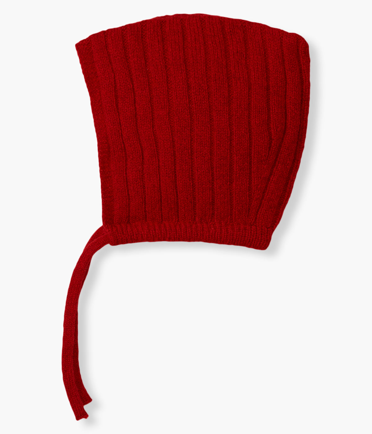 Vista lateral da touca tricotada em lã merino extrafina vermelho-escuro da Wedoble para bebé e recém-nascido(a). Elegante touca sem costuras no interior com cordões para atar no queixo.