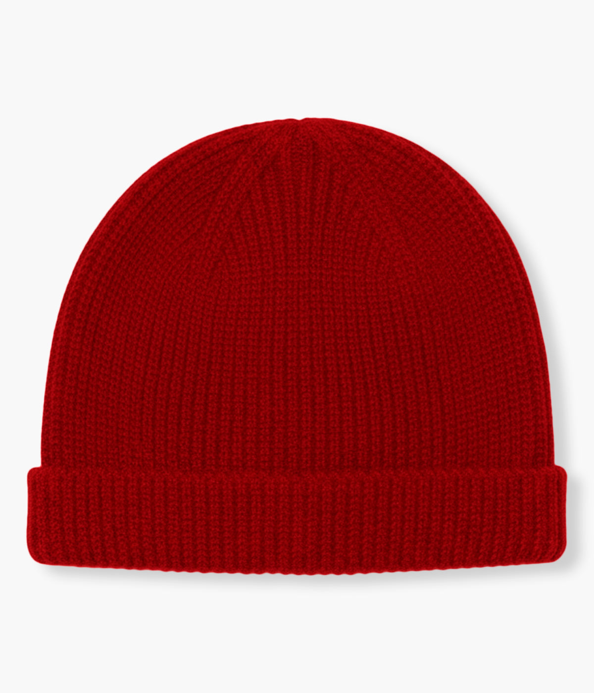 Vista frontal do gorro tricotado em lã merino extrafina vermelho-escuro da Wedoble para bebé e recém-nascido(a). Quente e confortável gorro sem costuras no interior com dobra a toda a volta.