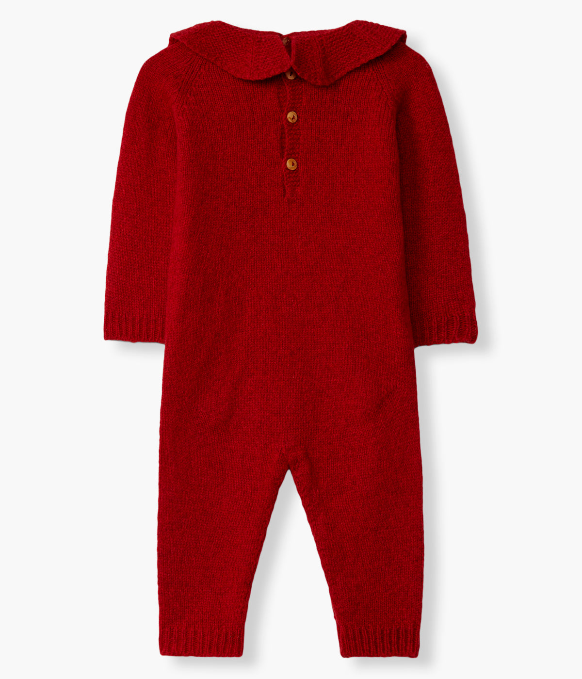 Vista costas do babygrow tricotado em lã merino extrafina vermelho-escuro da Wedoble para bebé e recém-nascido(a). Quentinho babygrow sem pés com gola folho. Abertura nas costas e entrepernas.
