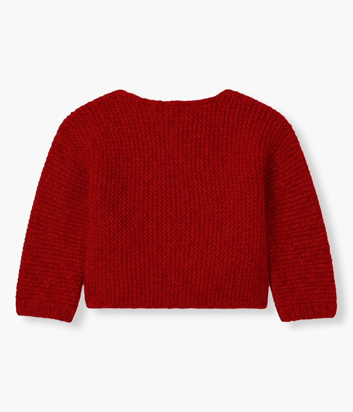 Casaco tricotado em lã merino extrafina vermelho-escuro da Wedoble para bebé e recém-nascido(a). Quentinho casaco de abertura trespasse com botões de madeira.