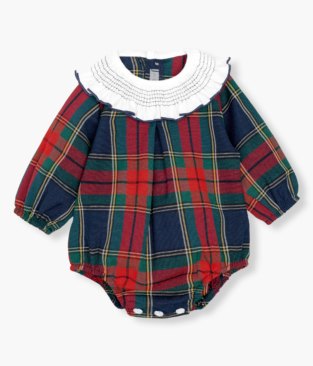 Vista frontal do fofo da Calamaro Baby para bebé e recém-nascido(a). Elegante fofo com padrão xadrez em tons vermelho, azul-marinho e verde. Gola folho branca com detalhes em linha e contornos em azul marinho.