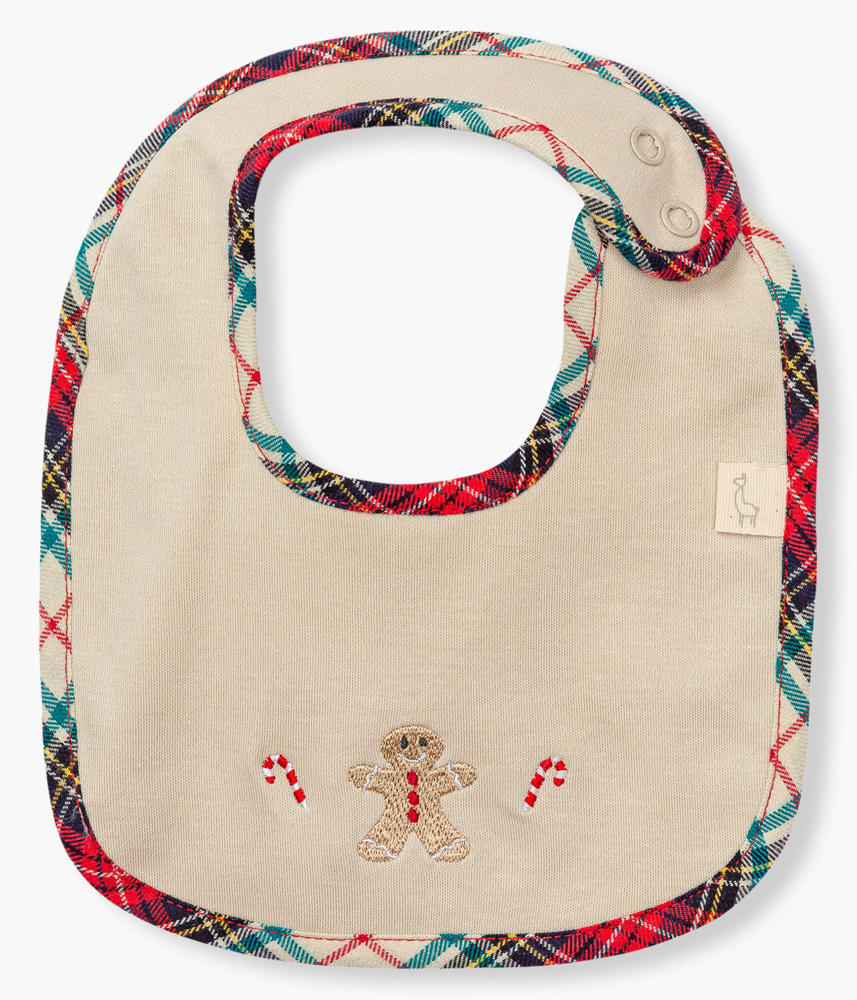 Vista frontal da babete bege da Baby Gi para bebé e recém-nascido(a), 100% algodão. Elegante babete de formato quadrado com rebordo em padrão xadrez e boneco gengibre e 2 bengalas bordadas na frente.