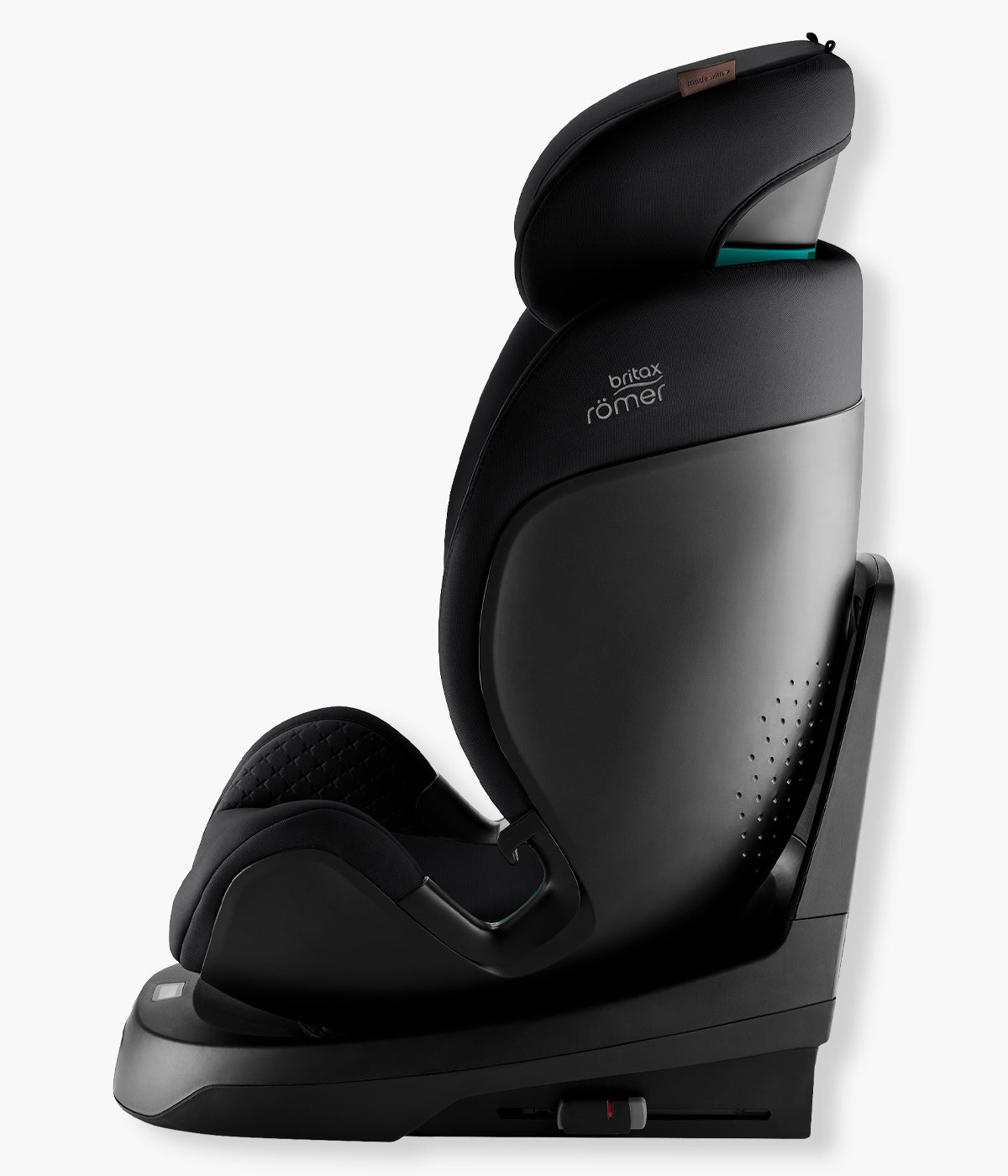 Vista lateral da cadeira auto evolutiva Swivel-Grow Max Air Lux da Britax Römer na cor Onyx Back. Premium cadeira auto desenvolvida para acompanhar a criança desde o nascimento até aproximadamente aos 7 anos, dos 40 aos 125 cm. 