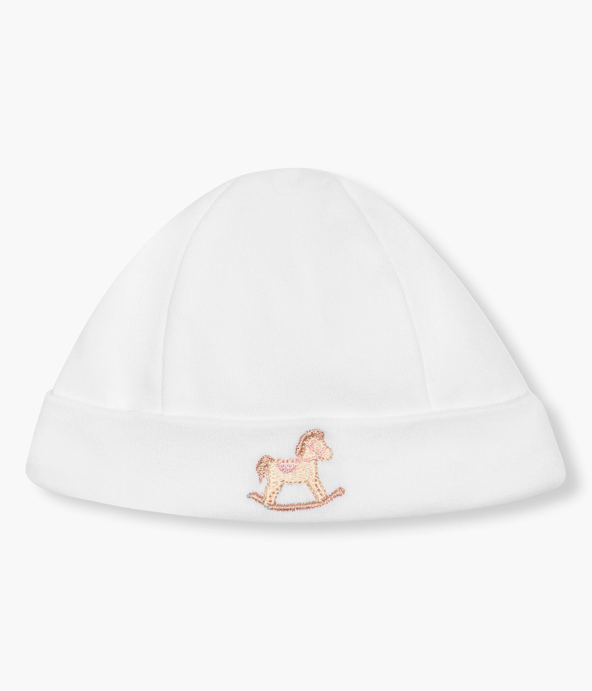 Vista frontal do gorro em veludo branco da Baby Gi para bebé menina e recém-nascida. Quentinho gorro com forro em algodão sem costuras e dobra com cavalo de madeira bordado em tons de rosa.