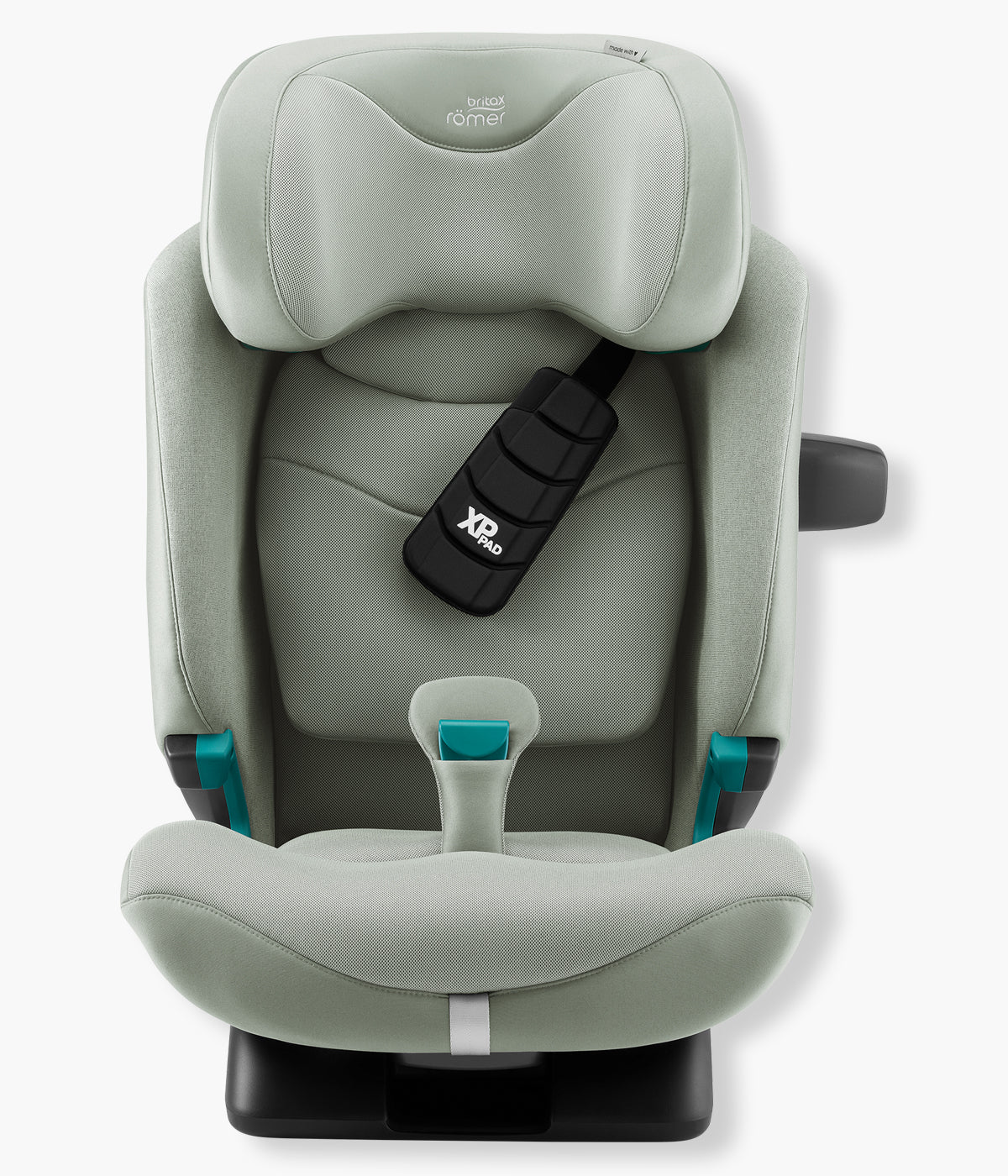 Vista frontal da cadeira auto evolutiva Advansafix Style da Britax Römer na cor Sage Green. Prática cadeira auto desenvolvida para acompanhar a criança durante vários anos, dos 76 aos 150 cm, aproximadamente dos 15 meses aos 12 anos. 