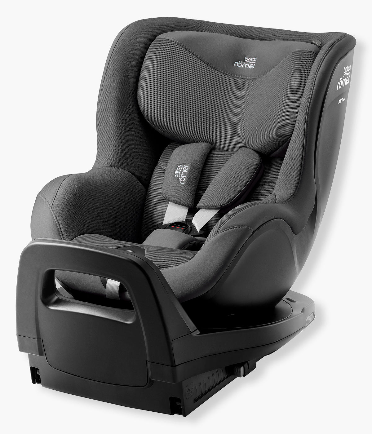 Vista frontal da cadeira auto rotativa i-Size Dualfix Pro M Style da marca Britax Römer na cor Mineral Grey.