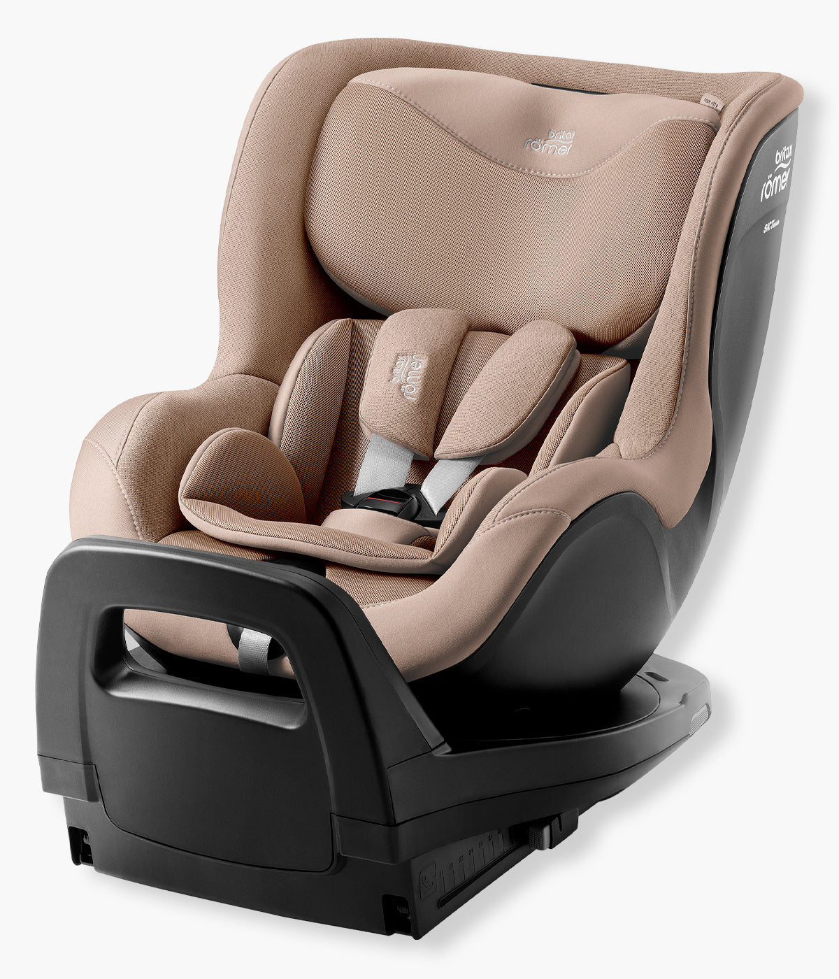 Vista lateral da cadeira auto rotativa i-Size Dualfix Pro M Style da marca Britax Römer na cor Teak. Prática cadeira auto desenvolvida para acompanhar a criança aproximadamente dos 3 meses aos 4 anos, dos 61 aos 105 cm e até 19 kg.