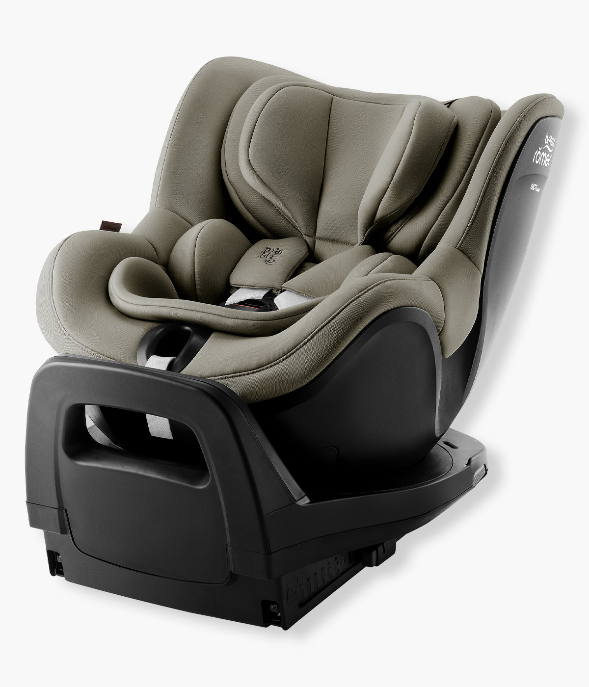 Vista lateral da cadeira auto rotativa Dualfix Pro Style da Britax Römer na cor Urban Olive. Elegante cadeira que acompanha o bebé desde o nascimento até aproximadamente aos 4 anos, dos 40 aos 105 cm e até 19 kg.