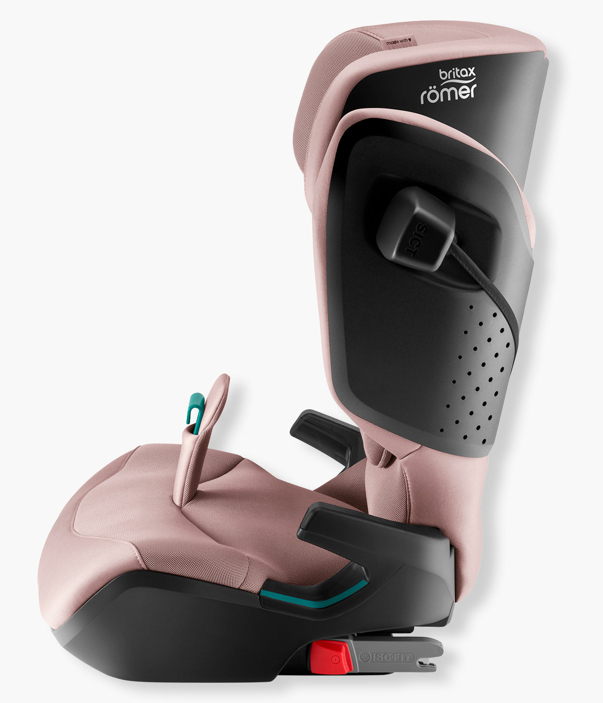 Vista lateral da cadeira auto elevatória Kidfix Pro Style da Britax Römer na cor Dusty Rose. Prática cadeira auto i-Size desenvolvida para acompanhar a criança dos 100 aos 150 cm, aproximadamente dos 3,5 aos 12 anos.