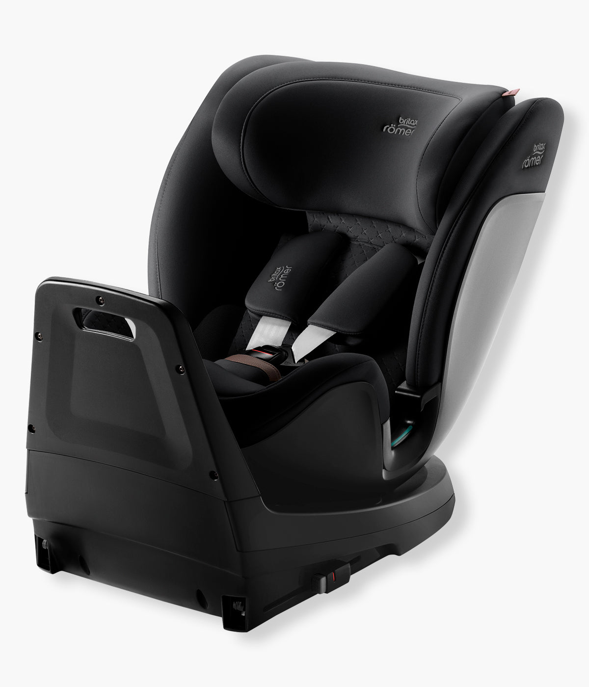 Vista lateral da cadeira auto evolutiva Swivel-Grow Max Air Lux da Britax Römer na cor Onyx Back. Premium cadeira auto desenvolvida para acompanhar a criança desde o nascimento até aproximadamente aos 7 anos, dos 40 aos 125 cm. 