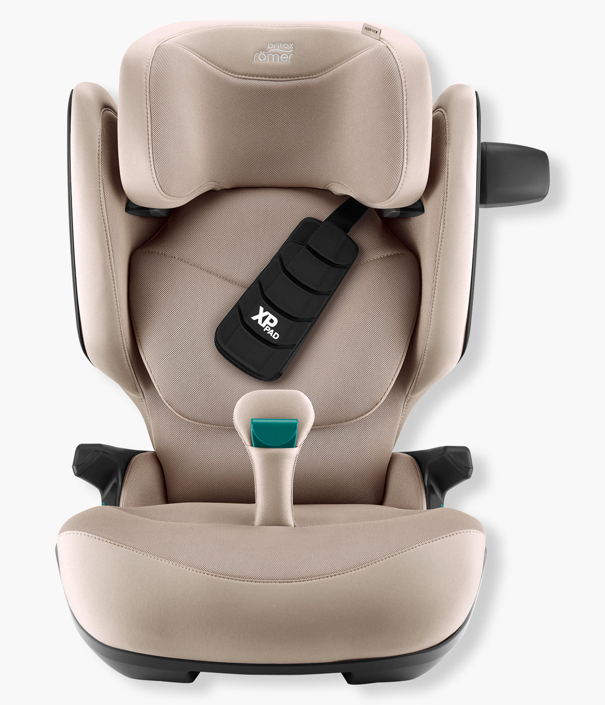 Vista frontal da cadeira auto elevatória Kidfix Pro Style da Britax Römer na cor Teak. Prática cadeira auto i-Size desenvolvida para acompanhar a criança dos 100 aos 150 cm, aproximadamente dos 3,5 aos 12 anos.