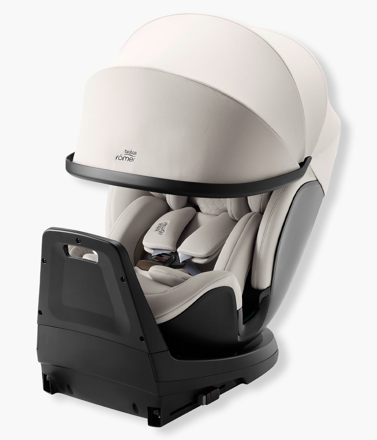 Vista lateral com capota aberta da cadeira auto evolutiva Swivel-Grow Max Air Lux da Britax Römer na cor Soft Taupe Elegante cadeira auto desenvolvida para acompanhar a criança desde o nascimento até aproximadamente aos 7 anos, dos 40 aos 125 cm.