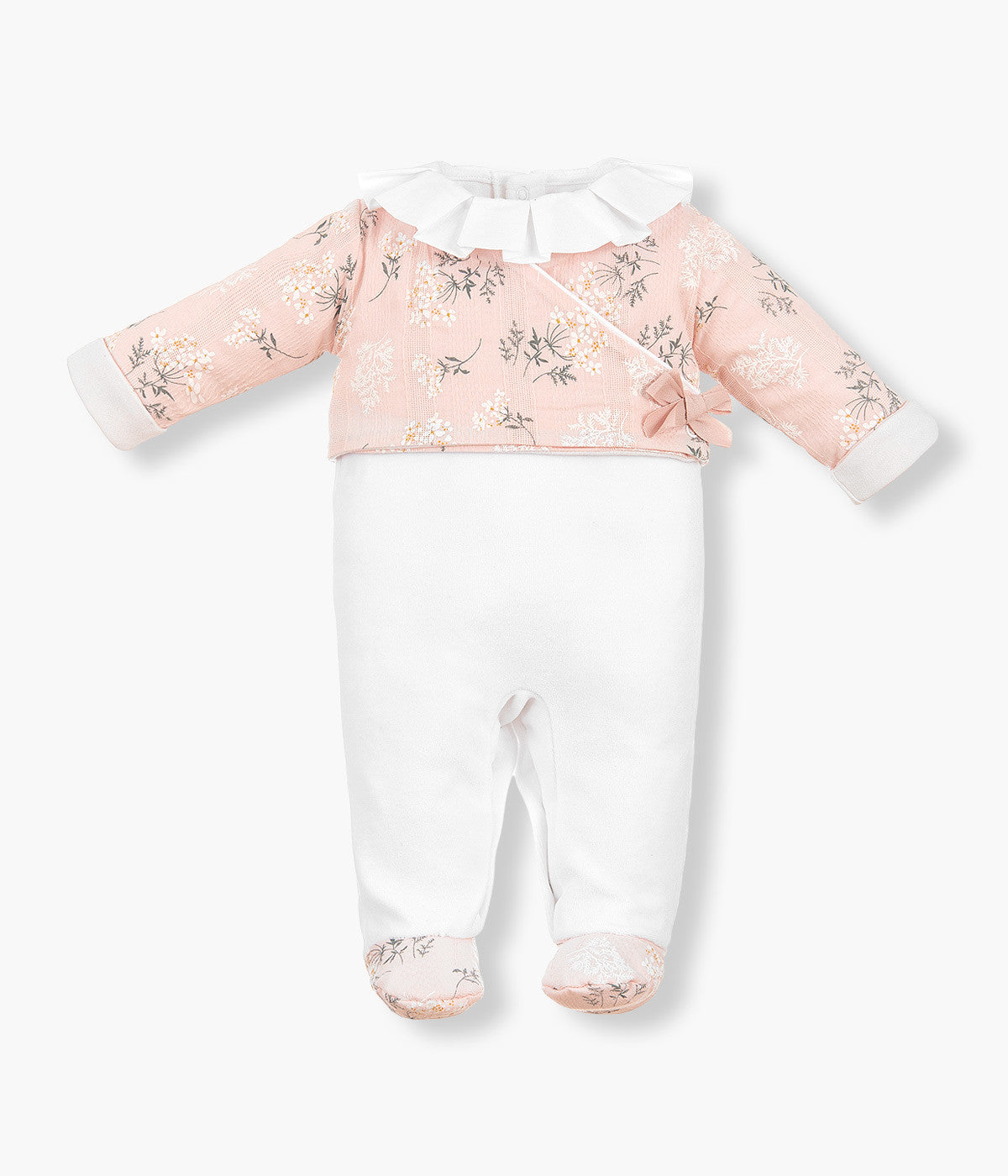 Babygrow em Veludo com Casaco Floral Bebé Menina 2pc - Branco e Rosa