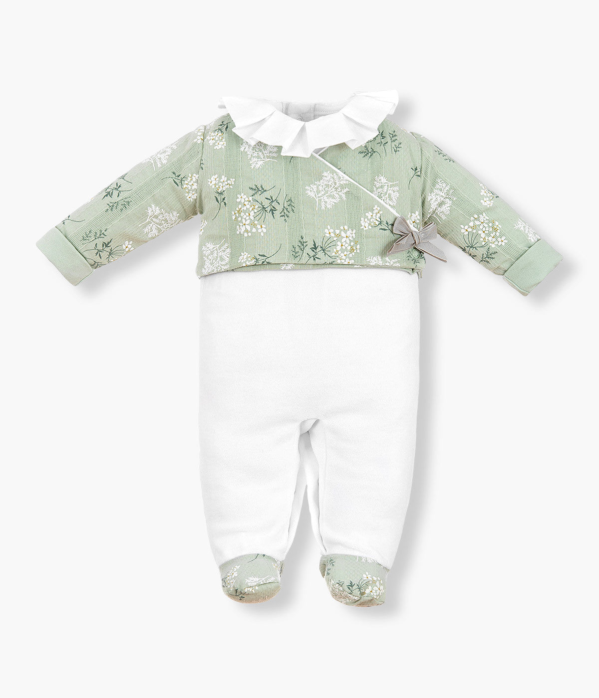 Babygrow em Veludo com Casaco Floral Bebé Menina 2pc - Branco e Verde