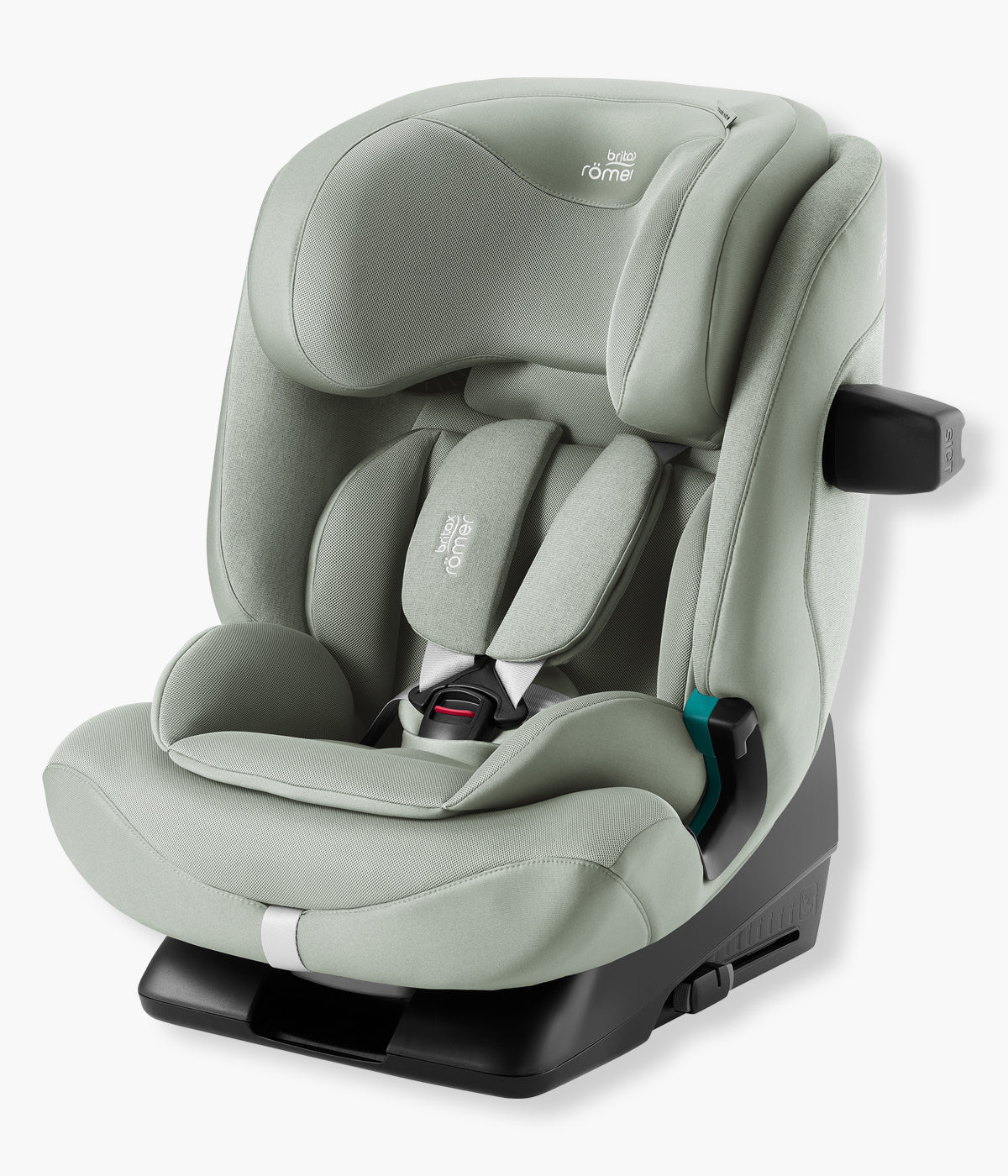 Vista frontal da cadeira auto evolutiva Advansafix Style da Britax Römer na cor Sage Green. Prática cadeira auto desenvolvida para acompanhar a criança durante vários anos, dos 76 aos 150 cm, aproximadamente dos 15 meses aos 12 anos. 