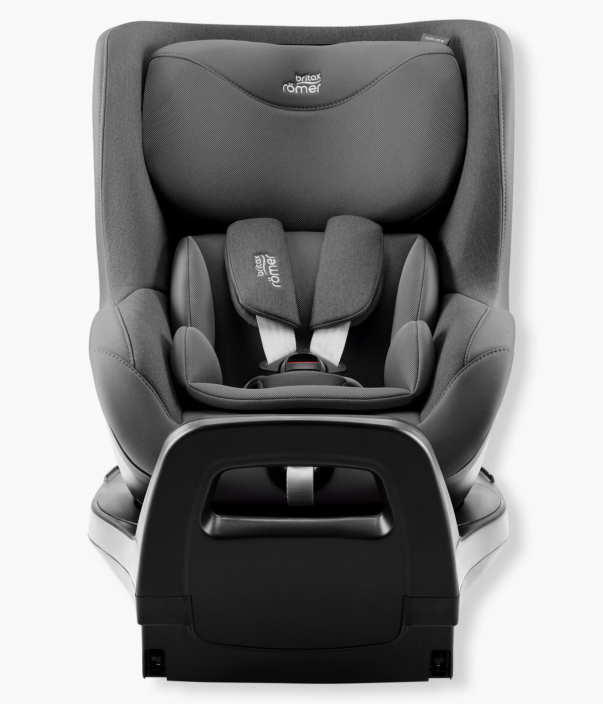 Vista frontal da cadeira auto rotativa i-Size Dualfix Pro M Style da marca Britax Römer na cor Mineral Grey.