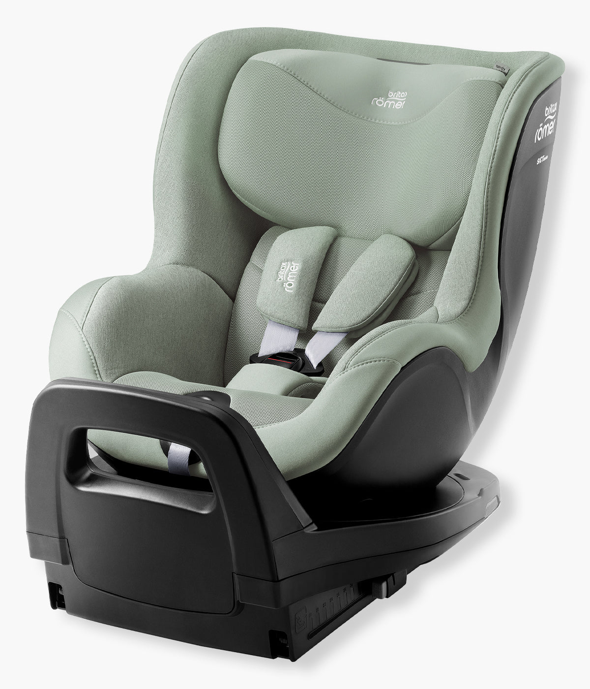 Vista lateral da cadeira auto rotativa i-Size Dualfix Pro M Style da marca Britax Römer na cor Sage Green. Prática cadeira auto desenvolvida para acompanhar a criança aproximadamente dos 3 meses aos 4 anos, dos 61 aos 105 cm e até 19 kg.