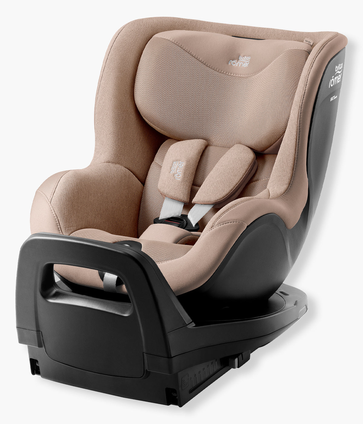 Vista lateral da cadeira auto rotativa i-Size Dualfix Pro M Style da marca Britax Römer na cor Teak. Prática cadeira auto desenvolvida para acompanhar a criança aproximadamente dos 3 meses aos 4 anos, dos 61 aos 105 cm e até 19 kg.