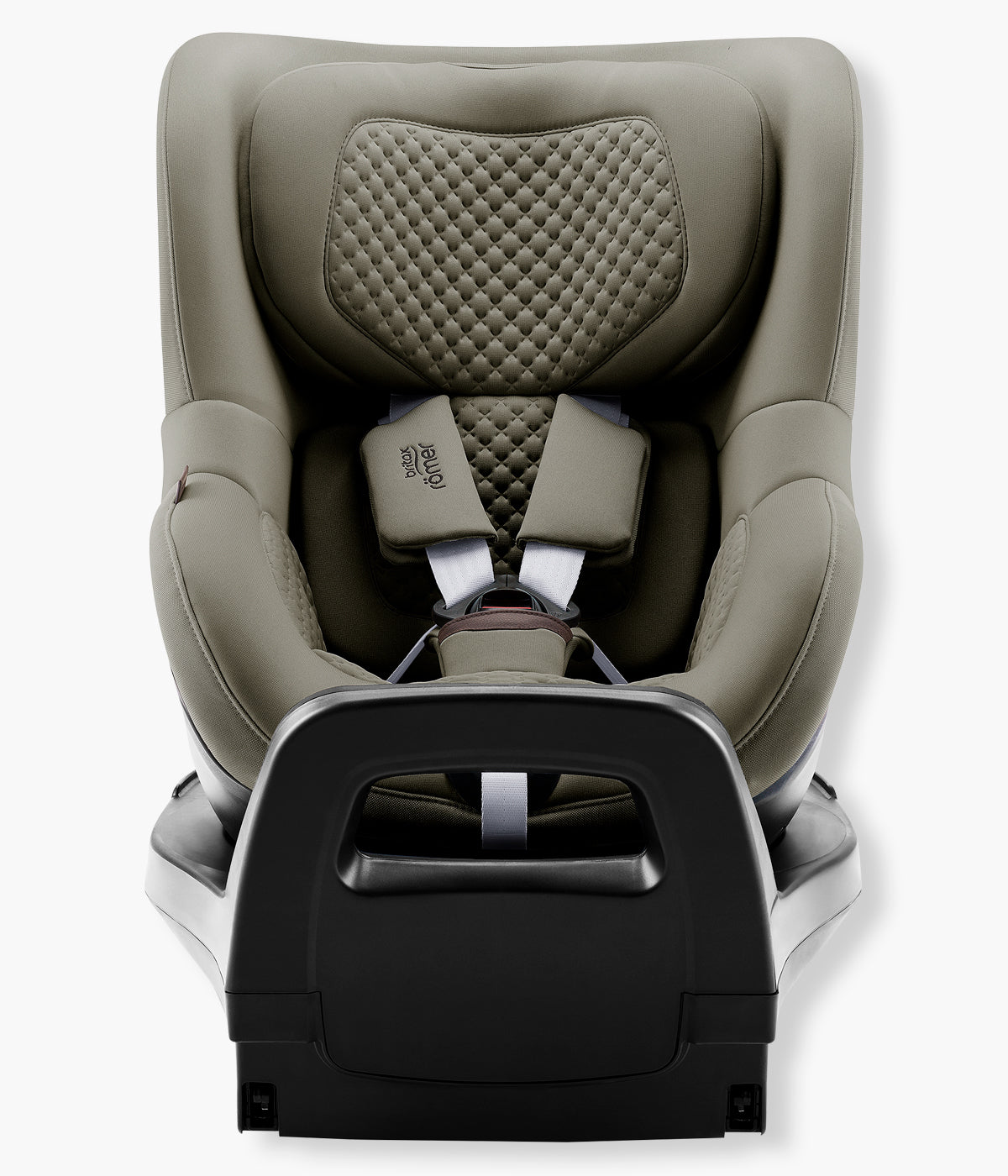 Vista frontal da cadeira auto rotativa Dualfix Pro Style da Britax Römer na cor Urban Olive. Elegante cadeira que acompanha o bebé desde o nascimento até aproximadamente aos 4 anos, dos 40 aos 105 cm e até 19 kg.