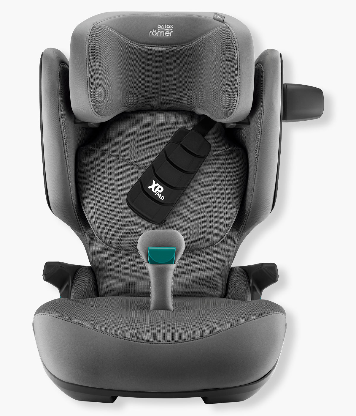 Vista frontal da cadeira auto elevatória Kidfix Pro Style da Britax Römer na cor Mineral Grey. Prática cadeira auto i-Size desenvolvida para acompanhar a criança dos 100 aos 150 cm, aproximadamente dos 3,5 aos 12 anos.