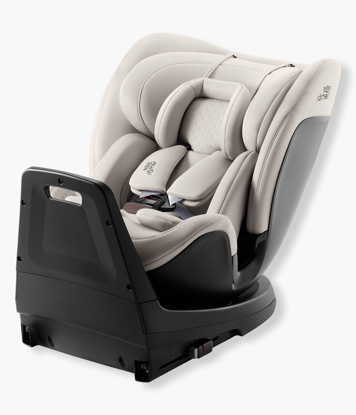 Vista lateral da cadeira auto evolutiva Swivel-Grow Max Air Lux da Britax Römer na cor Soft Taupe Elegante cadeira auto desenvolvida para acompanhar a criança desde o nascimento até aproximadamente aos 7 anos, dos 40 aos 125 cm.