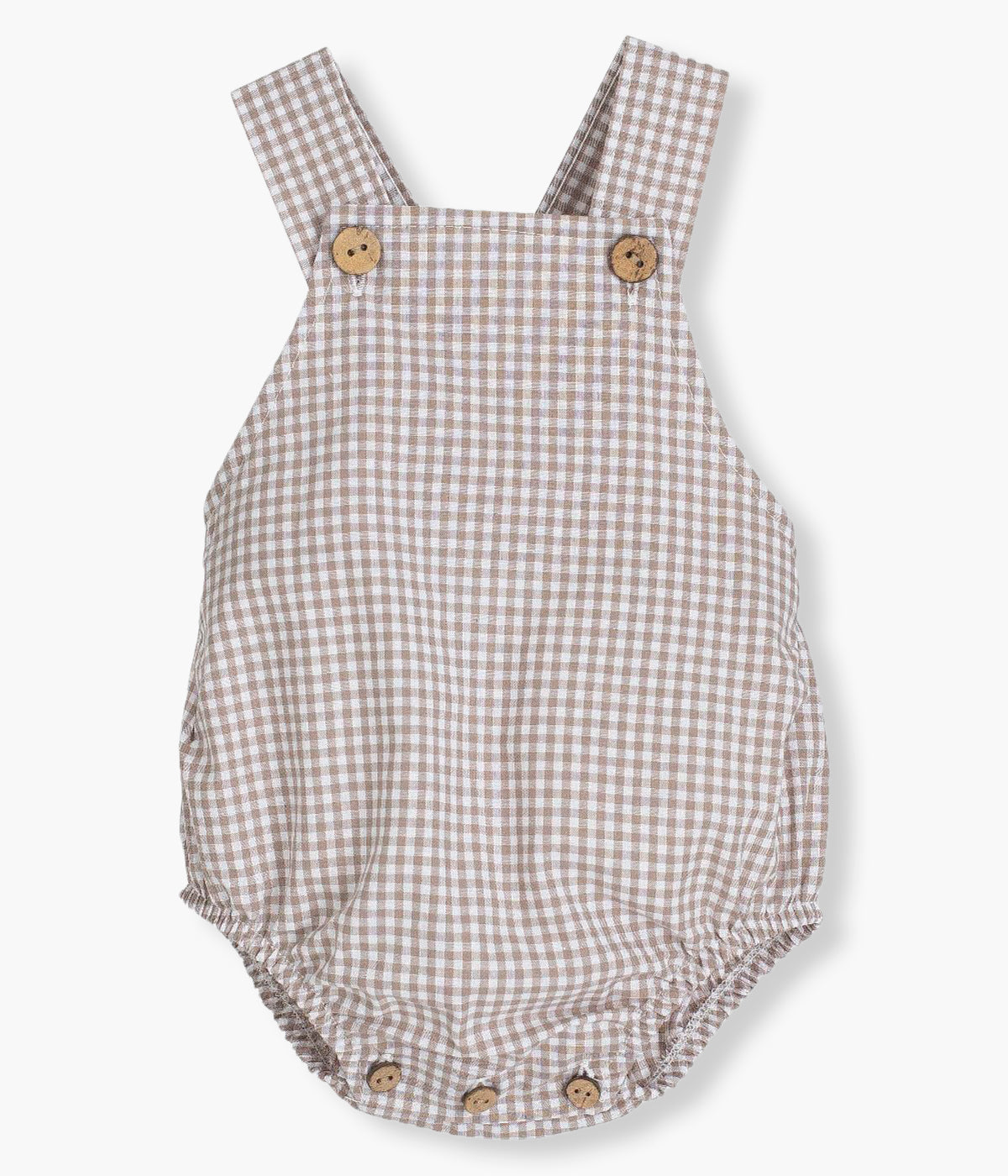 Fofo em algodão bege e branco da Calamaro Baby para bebé e recém‑nascido(a). Padrão vichy em tons de bege e branco. Abertura nas alças e entrepernas com botões de madeira.