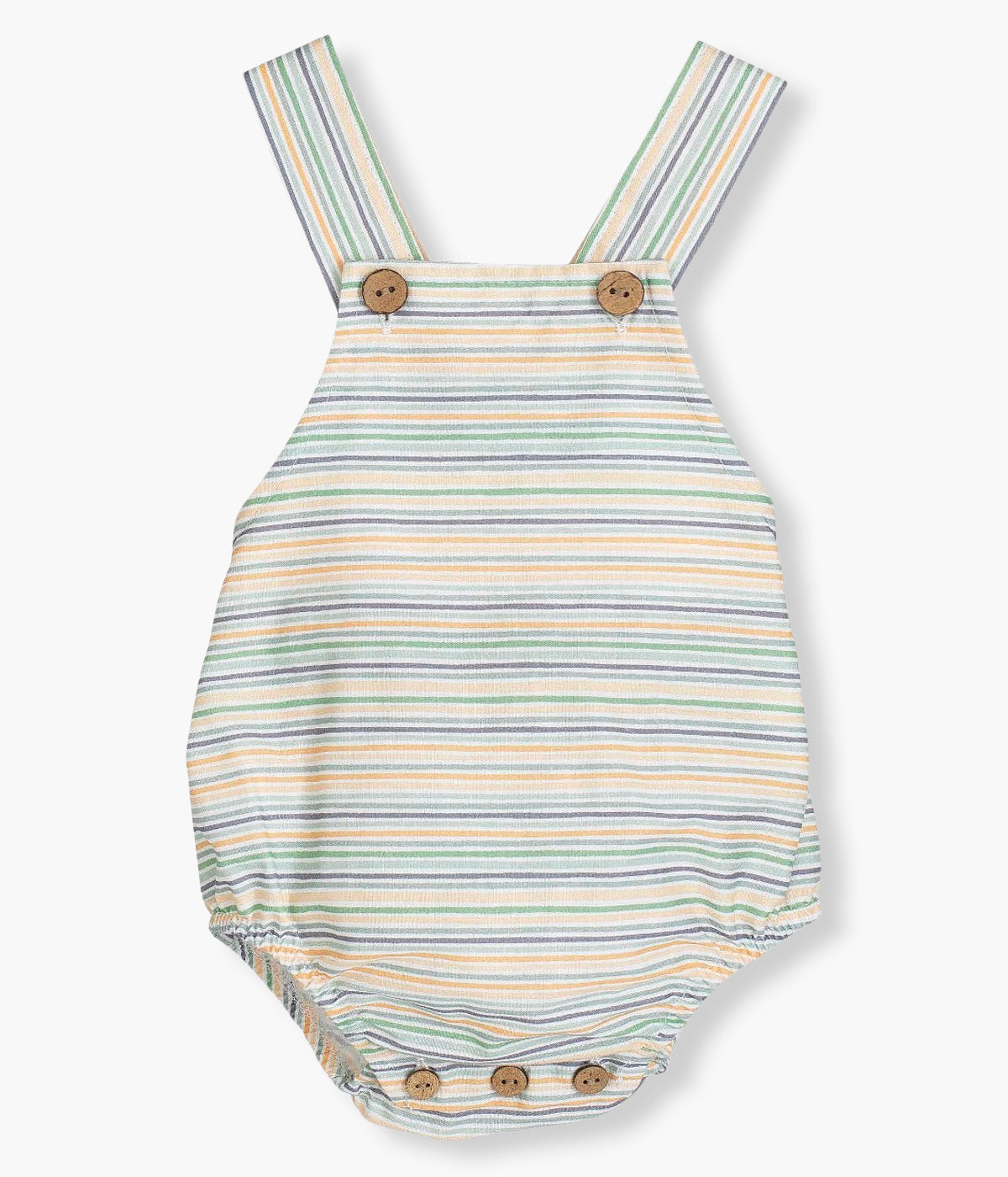 Vista de frente do fofo em algodão da Calamaro Baby para bebé e recém‑nascido(a). Padrão riscas coloridas. Abertura nas alças e entrepernas com botões de madeira.