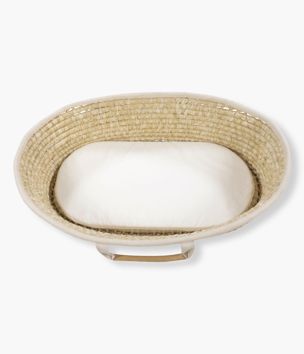 Vista superior da alcofa em vime natural da Pasito a Pasito com 80x40cm. Elegante moisés que oferece um espaço de descanso confortável, seguro e acolhedor para o recém-nascido durante os primeiros meses de vida.