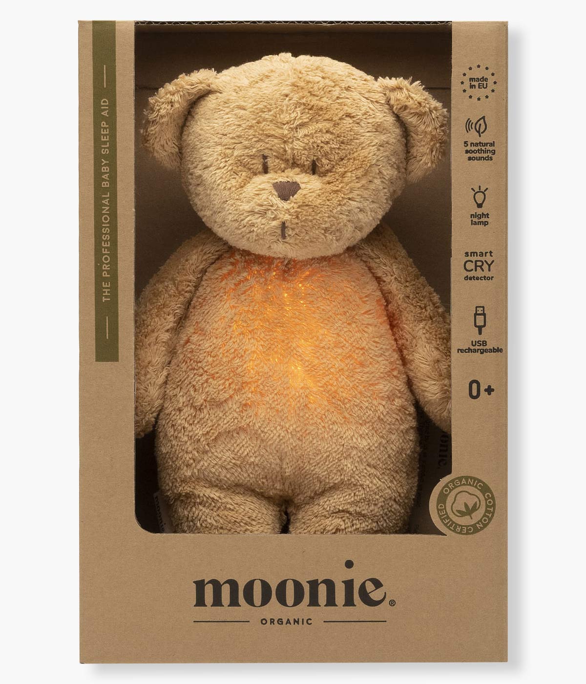 Moonie Cappuccino Natur Urso com Som e Luz Algodão Orgânico - Bege