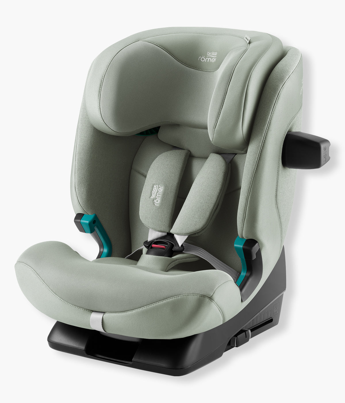 Vista frontal da cadeira auto evolutiva Advansafix Style da Britax Römer na cor Sage Green. Prática cadeira auto desenvolvida para acompanhar a criança durante vários anos, dos 76 aos 150 cm, aproximadamente dos 15 meses aos 12 anos. 