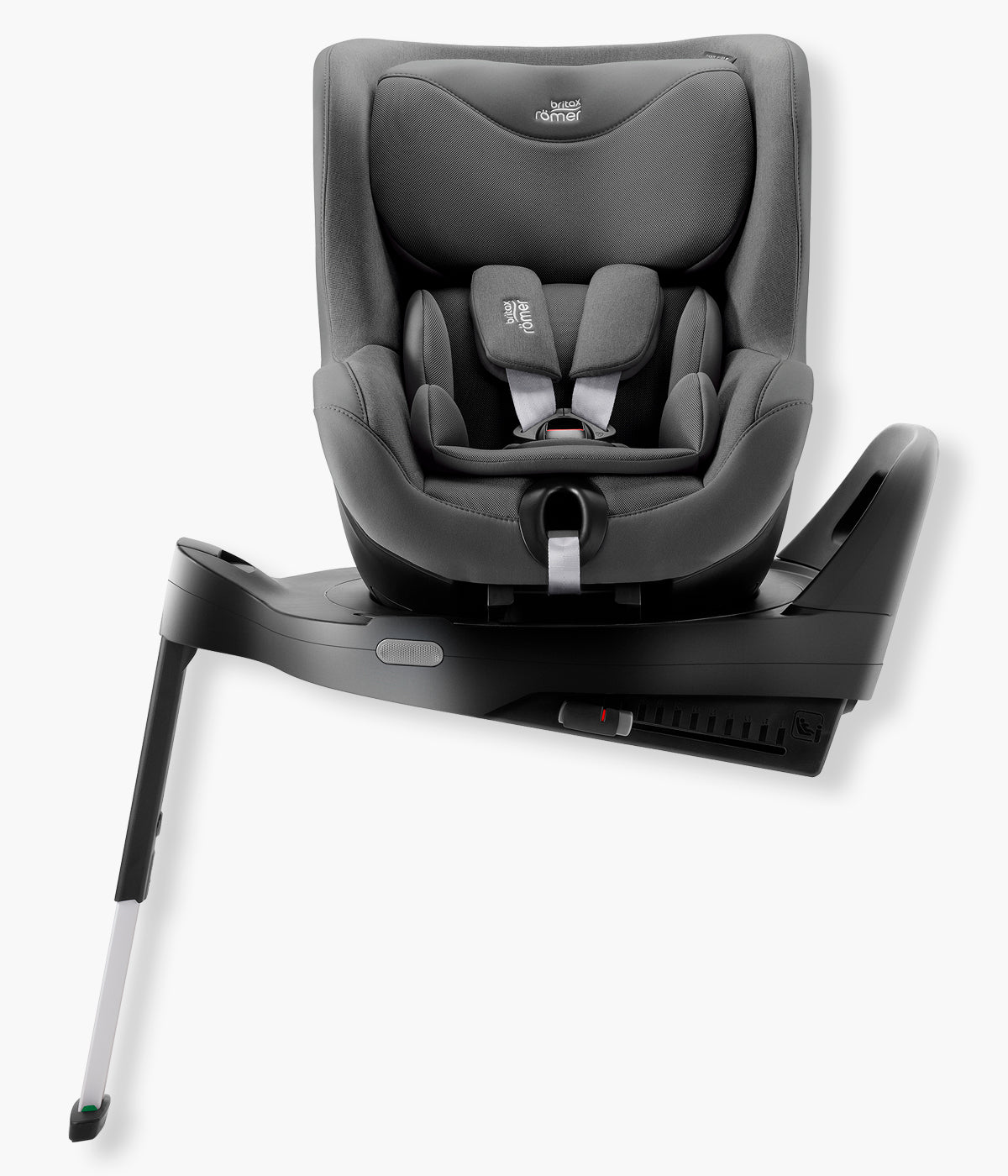 Vista frontal da cadeira auto rotativa i-Size Dualfix Pro M Style da marca Britax Römer na cor Mineral Grey instalada na base.