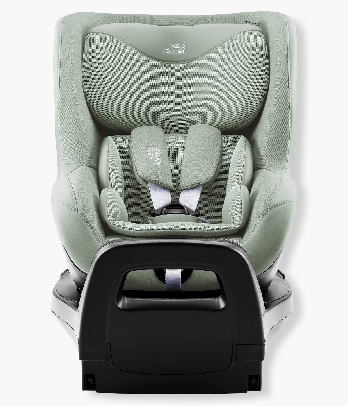 Vista frontal da cadeira auto rotativa i-Size Dualfix Pro M Style da marca Britax Römer na cor Sage Green.