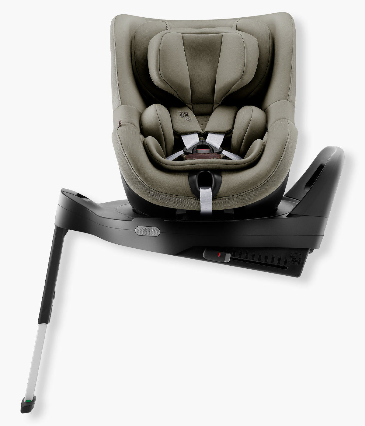 Vista lateral da cadeira auto rotativa Dualfix Pro Style da Britax Römer na cor Urban Olive instalada na base.
