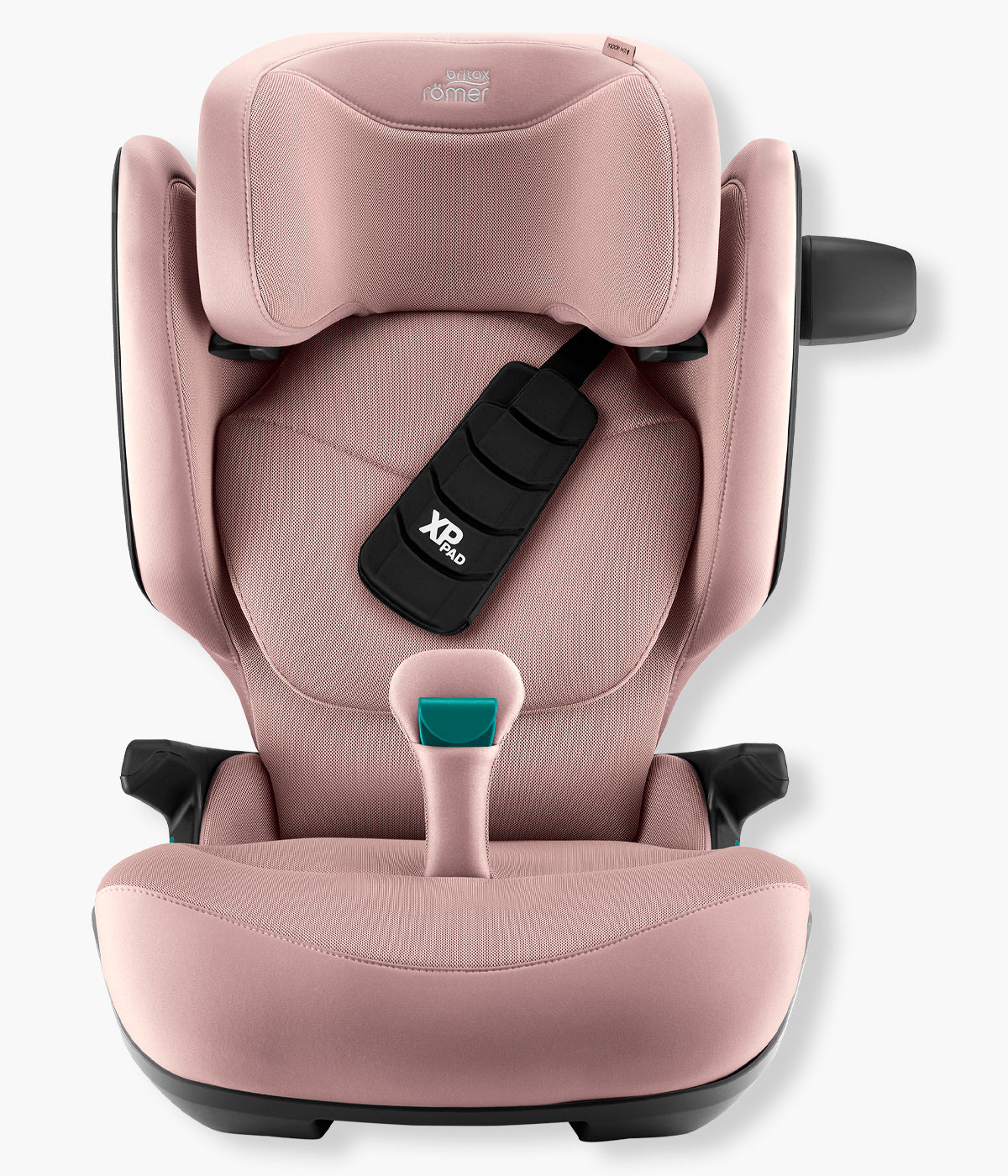 Vista frontal da cadeira auto elevatória Kidfix Pro Style da Britax Römer na cor Dusty Rose. Prática cadeira auto i-Size desenvolvida para acompanhar a criança dos 100 aos 150 cm, aproximadamente dos 3,5 aos 12 anos.