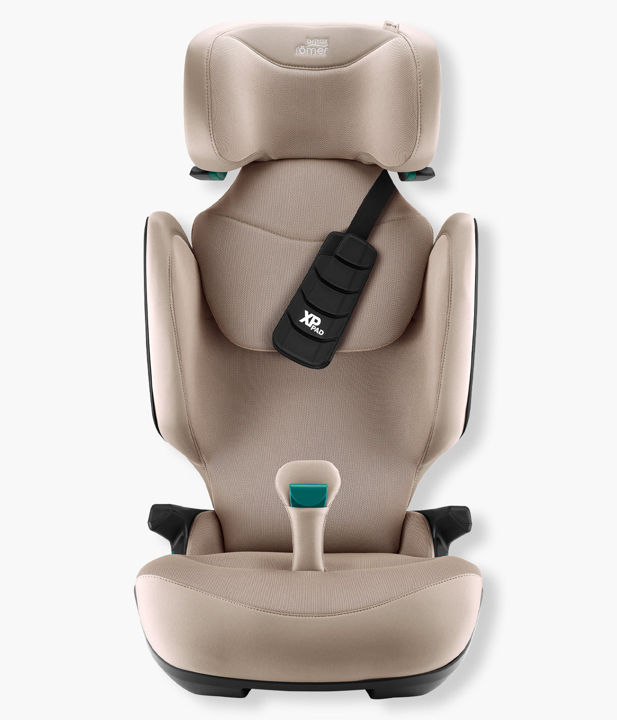 Vista frontal da cadeira auto elevatória Kidfix Pro Style da Britax Römer na cor Teak. Prática cadeira auto i-Size desenvolvida para acompanhar a criança dos 100 aos 150 cm, aproximadamente dos 3,5 aos 12 anos.