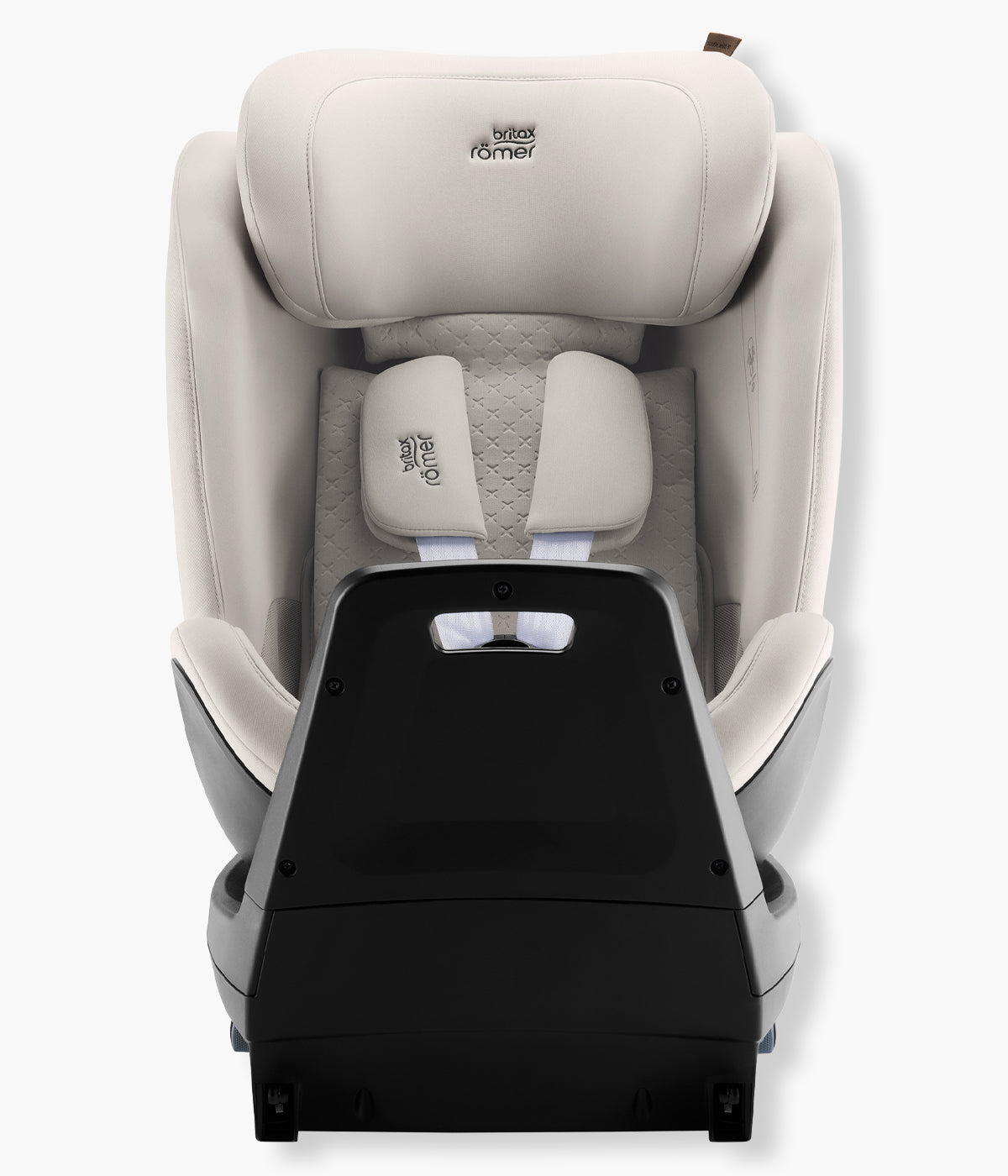 Vista frontal da cadeira auto evolutiva Swivel-Grow Max Air Lux da Britax Römer na cor Soft Taupe Elegante cadeira auto desenvolvida para acompanhar a criança desde o nascimento até aproximadamente aos 7 anos, dos 40 aos 125 cm.