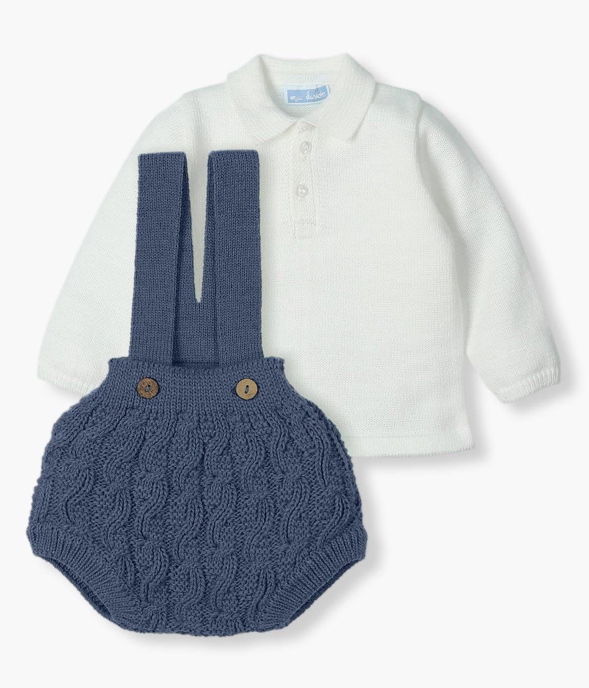 Conjunto de Malha com Lã para Bebé 2pc - Branco e Azul