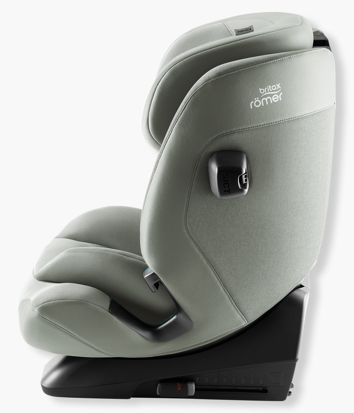 Vista lateral da cadeira auto evolutiva Advansafix Style da Britax Römer na cor Sage Green. Prática cadeira auto desenvolvida para acompanhar a criança durante vários anos, dos 76 aos 150 cm, aproximadamente dos 15 meses aos 12 anos. 