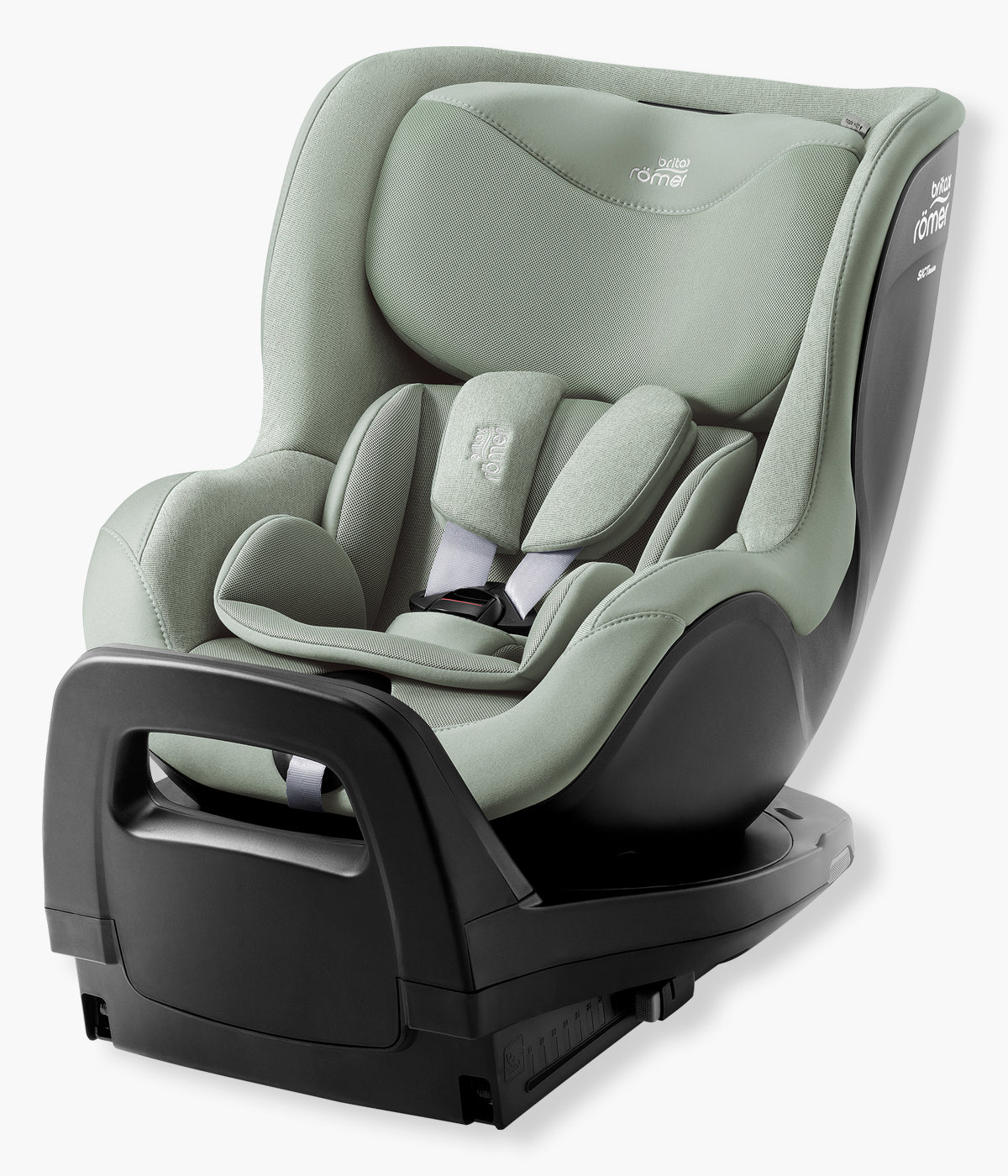 Vista lateral da cadeira auto rotativa i-Size Dualfix Pro M Style da marca Britax Römer na cor Sage Green. Prática cadeira auto desenvolvida para acompanhar a criança aproximadamente dos 3 meses aos 4 anos, dos 61 aos 105 cm e até 19 kg.