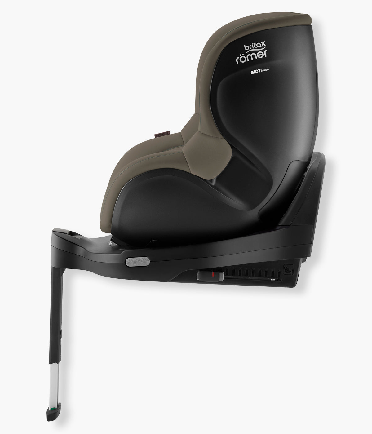Vista lateral da cadeira auto rotativa Dualfix Pro Style da Britax Römer na cor Urban Olive instalada na base.