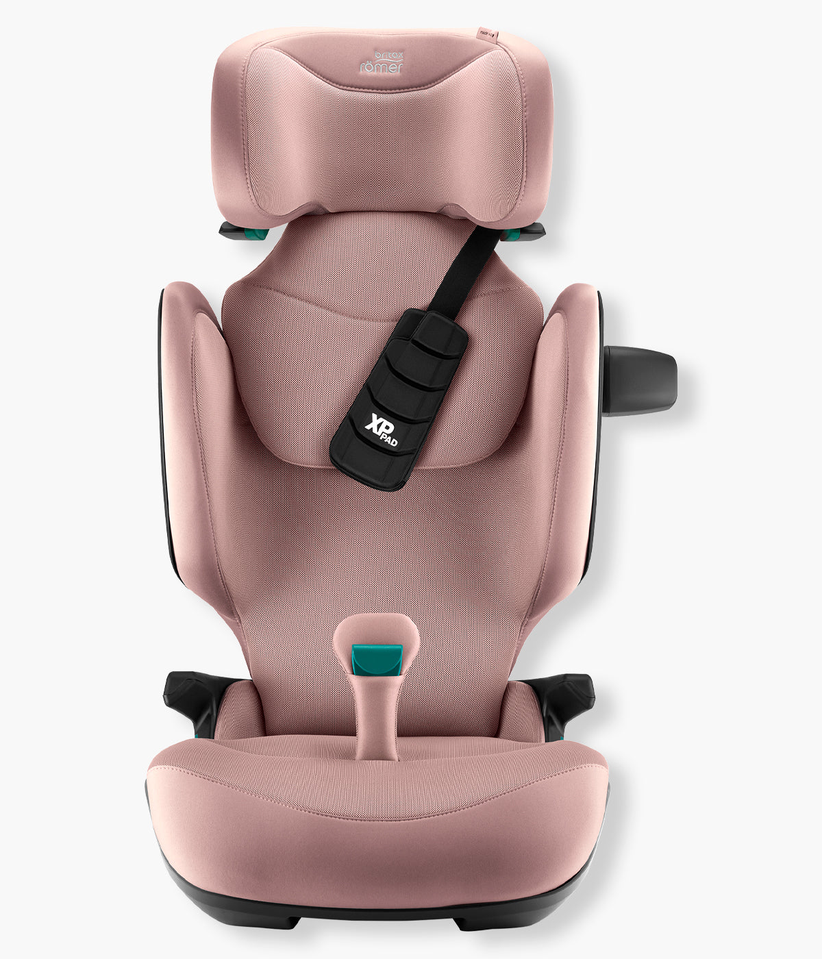 Vista frontal da cadeira auto elevatória Kidfix Pro Style da Britax Römer na cor Dusty Rose. Prática cadeira auto i-Size desenvolvida para acompanhar a criança dos 100 aos 150 cm, aproximadamente dos 3,5 aos 12 anos.