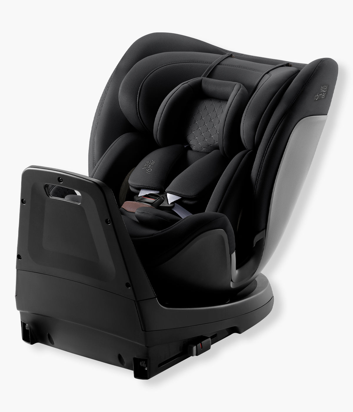 Vista lateral da cadeira auto evolutiva Swivel-Grow Max Air Lux da Britax Römer na cor Onyx Back. Premium cadeira auto desenvolvida para acompanhar a criança desde o nascimento até aproximadamente aos 7 anos, dos 40 aos 125 cm. 