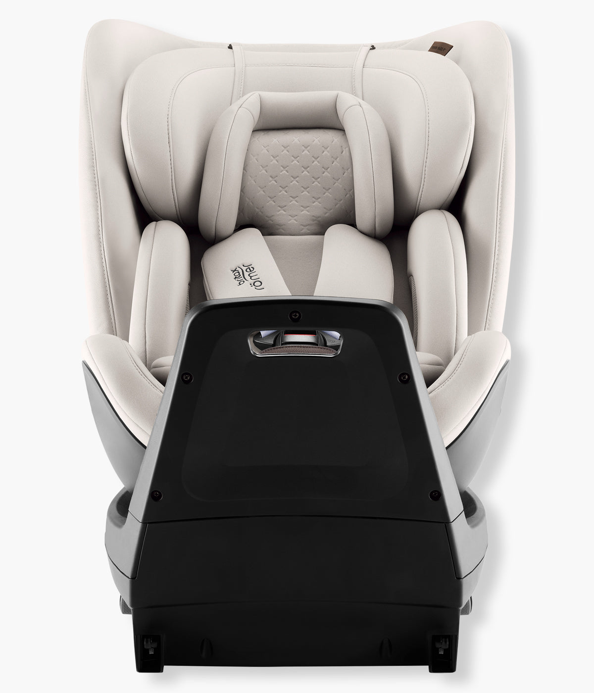 Vista frontal da cadeira auto evolutiva Swivel-Grow Max Air Lux da Britax Römer na cor Soft Taupe Elegante cadeira auto desenvolvida para acompanhar a criança desde o nascimento até aproximadamente aos 7 anos, dos 40 aos 125 cm.